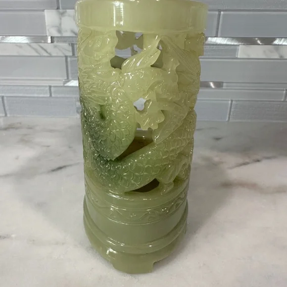 Chinese Carved Imitation Jadeite Candle / Pen Holder – Dragon Motif - Picture 2 of 9